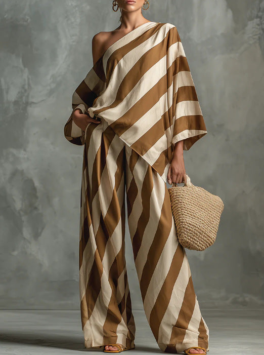 Women's Striped One-Shoulder Top and Wide-Leg Pants Set - Image 7