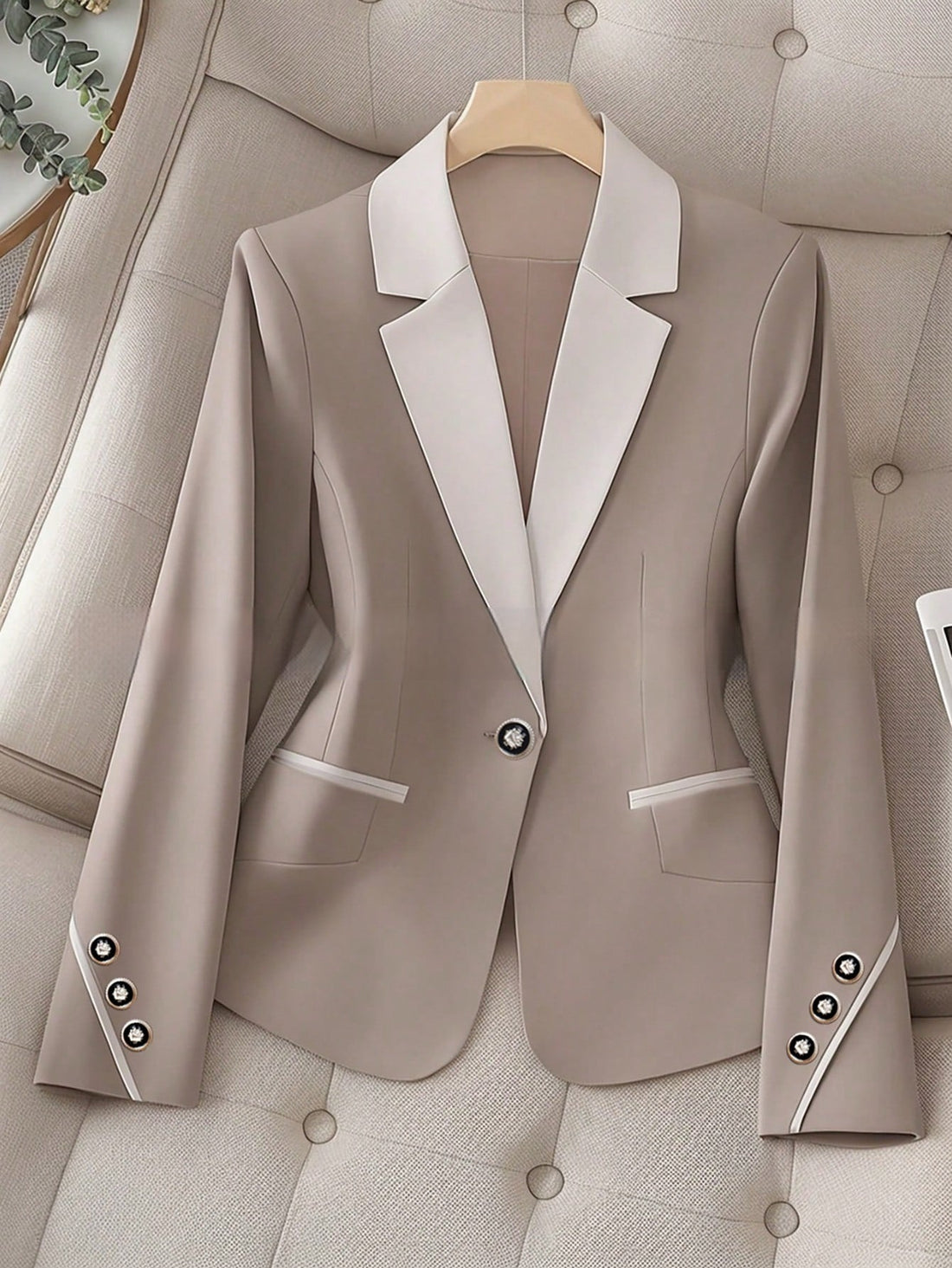 Women’s Contrasting Color Blazer Button Formal Tailored Jacket - Image 2