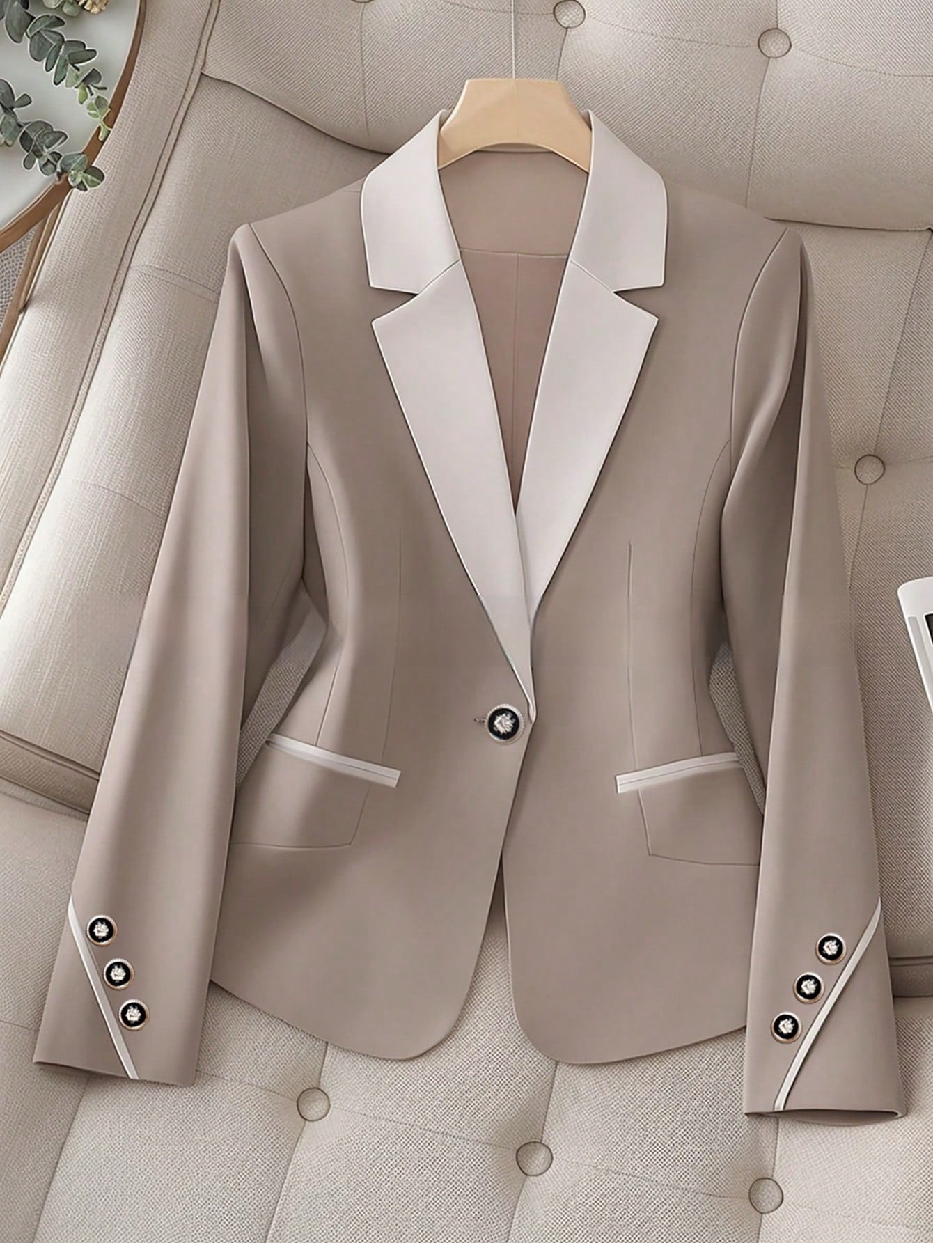 Women’s Contrasting Color Blazer Button Formal Tailored Jacket - Image 2