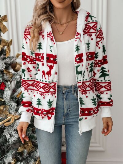 Women's White Zip-Up Hooded Jacket with Festive Christmas Prints
