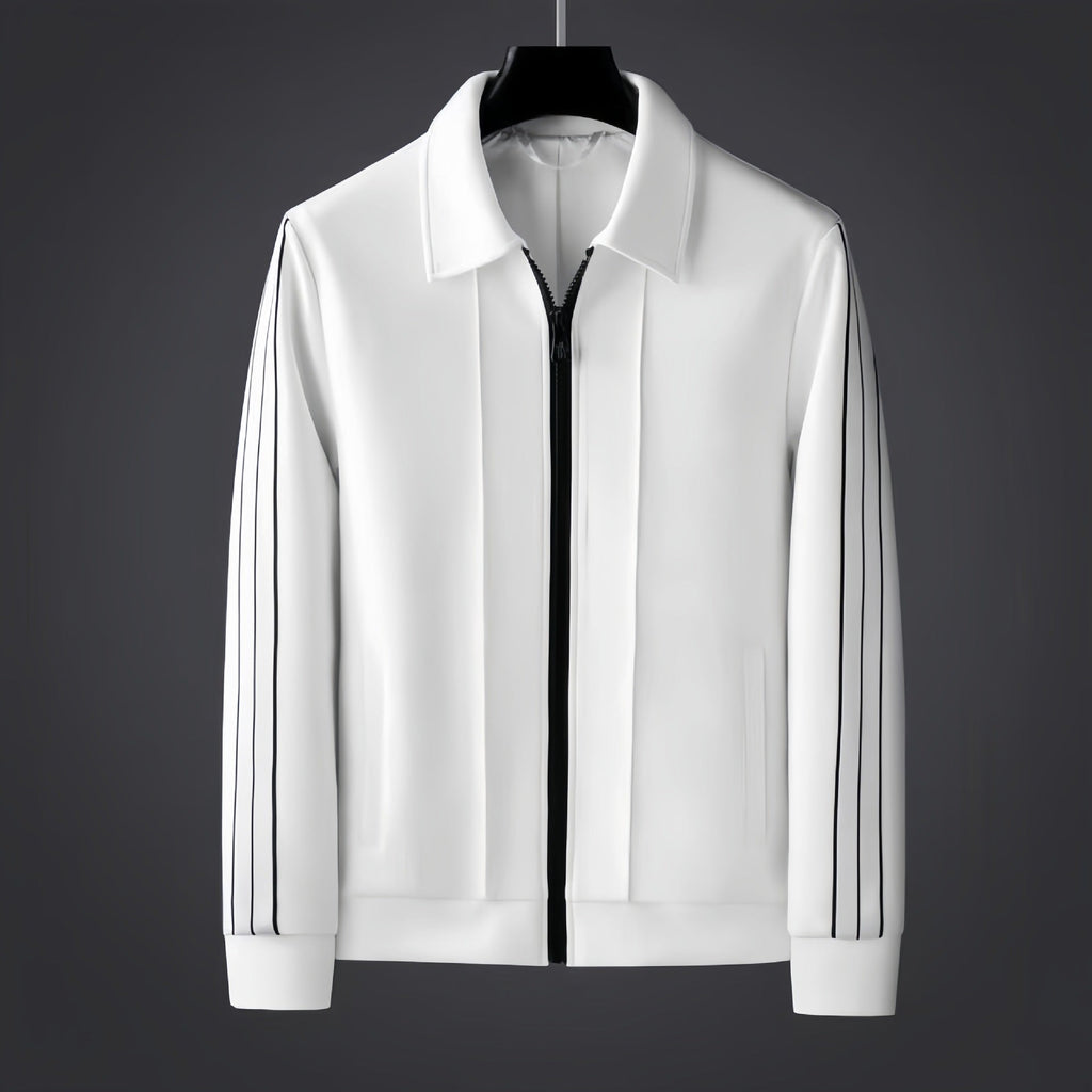 Men's black and white sporty zip-up collared cardigan in a relaxed fit.