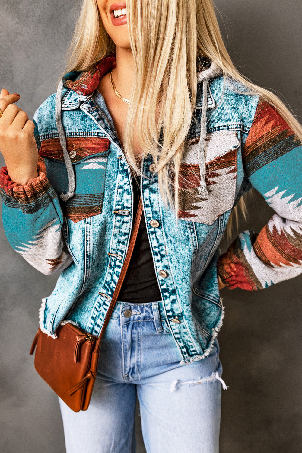 Multicolor Aztec Print Frayed Hem Denim Jacket | Boho