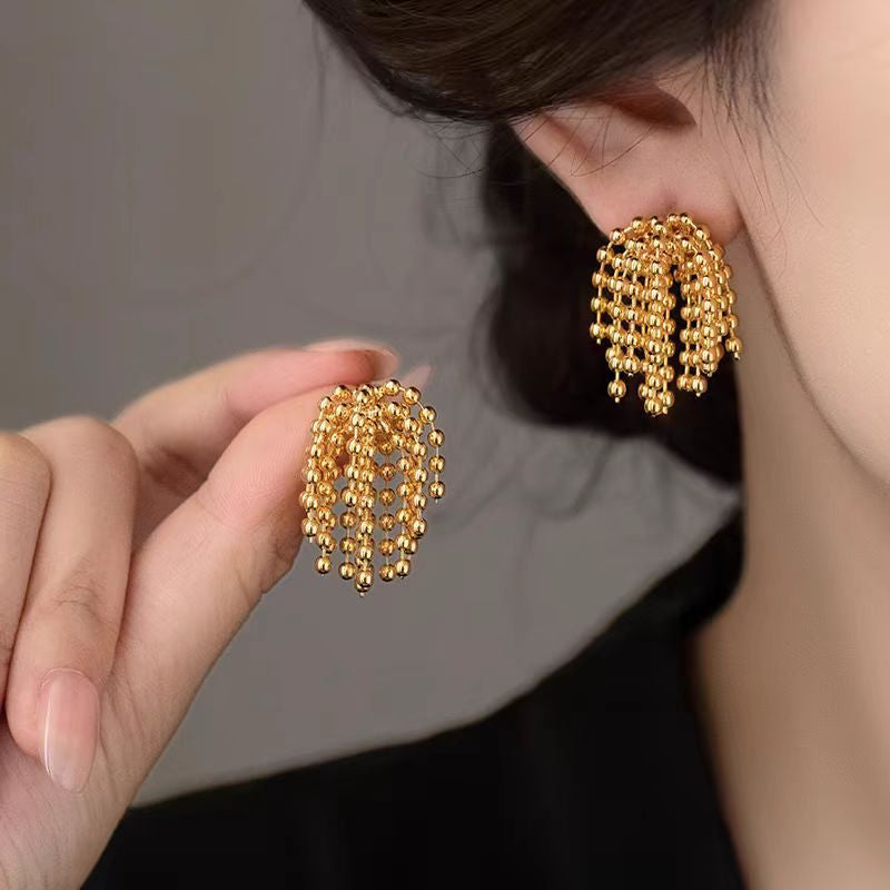 Metal Ball Firework Tassel Stud Earrings