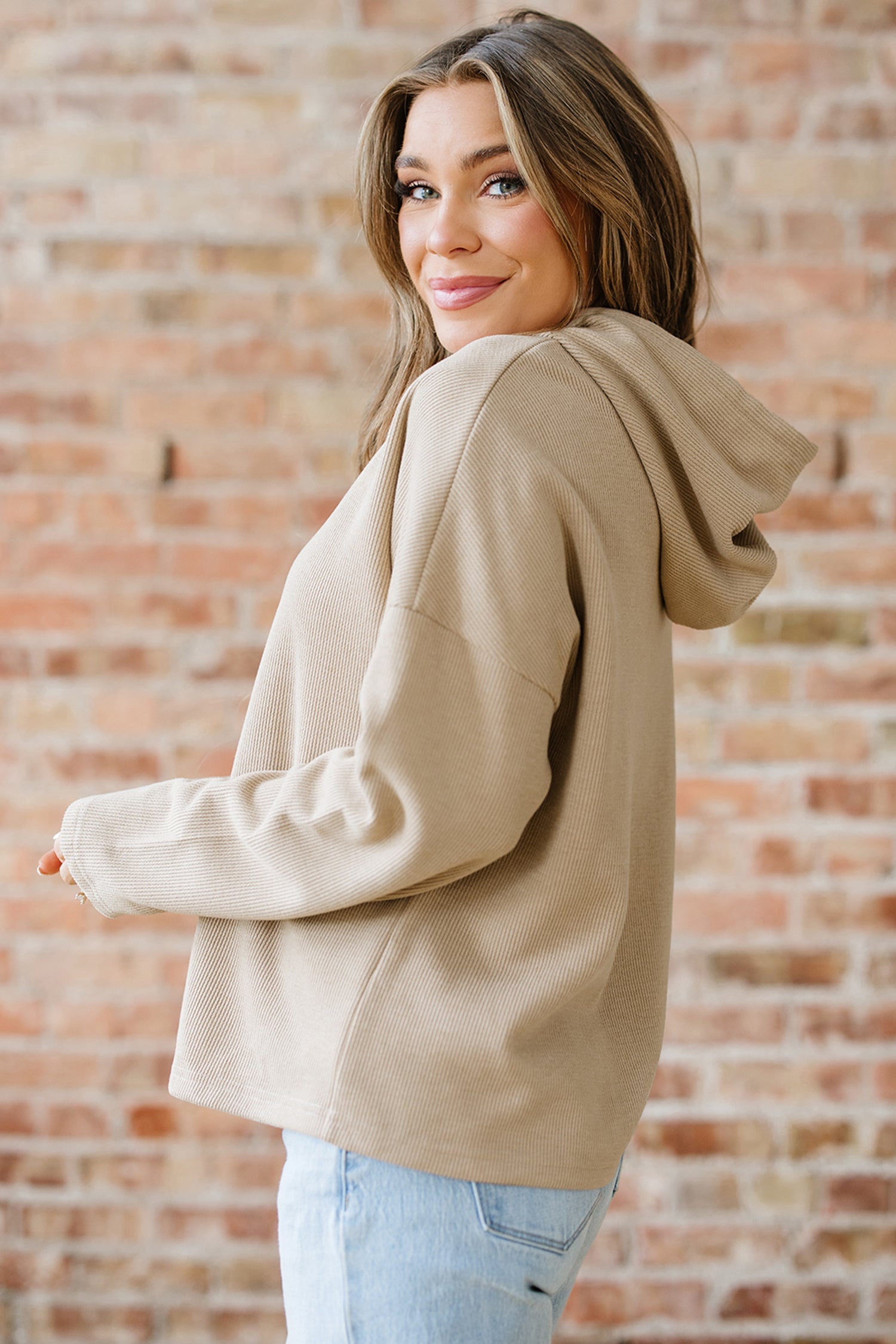 Dark Khaki Thermal Textured Leopard Drawstring Baggy Hoodie