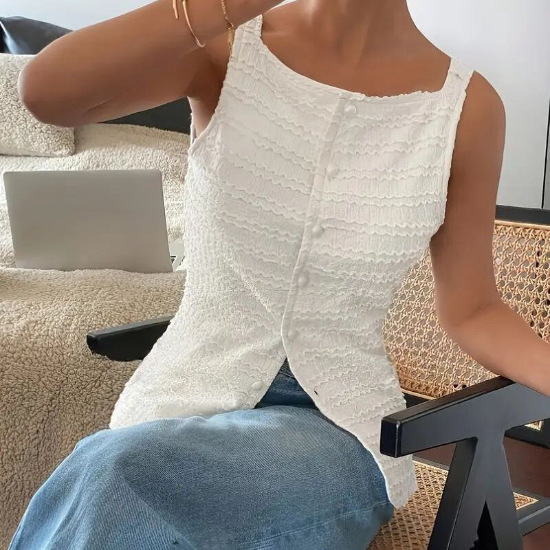 White Square Neck Button Up Vest Trendy Y2K Sleeveless Top - Image 9