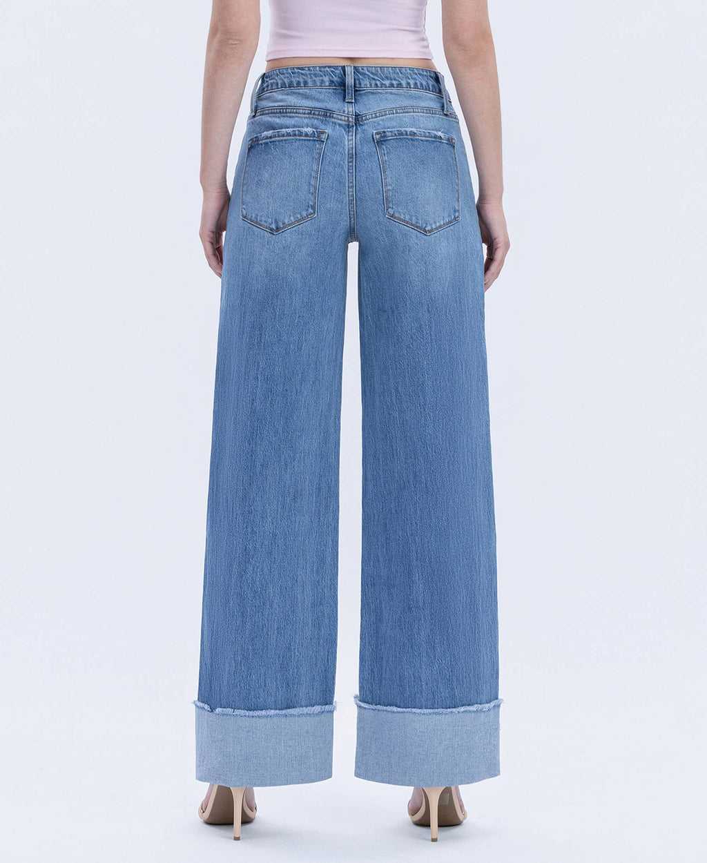 Mia High Rise Cuffed Wide Leg Jeans in Medium Wash Blue Denim