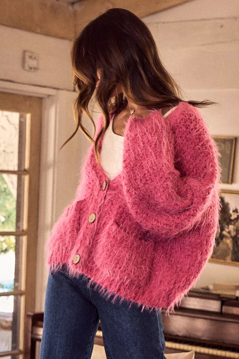 Soft Touch Hairy Loose Fit Cozy Sweater Cardigan in Pink