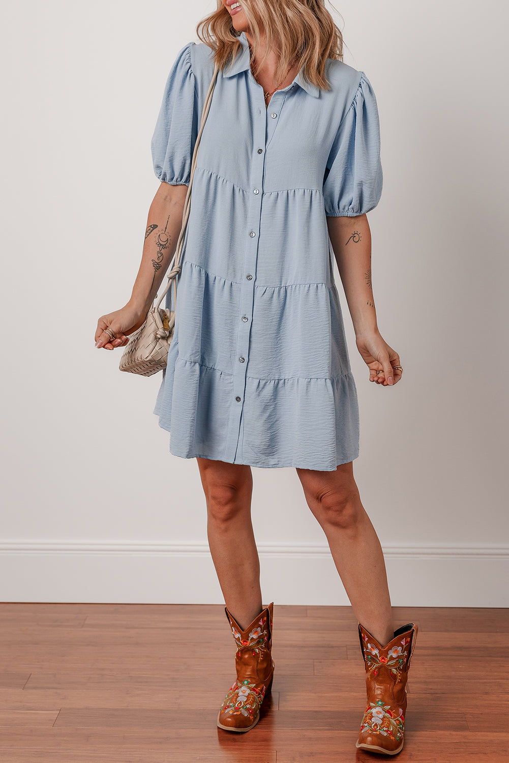 Beau Blue Shirt Collar Button Up Puff Sleeve Tiered Shift Dress