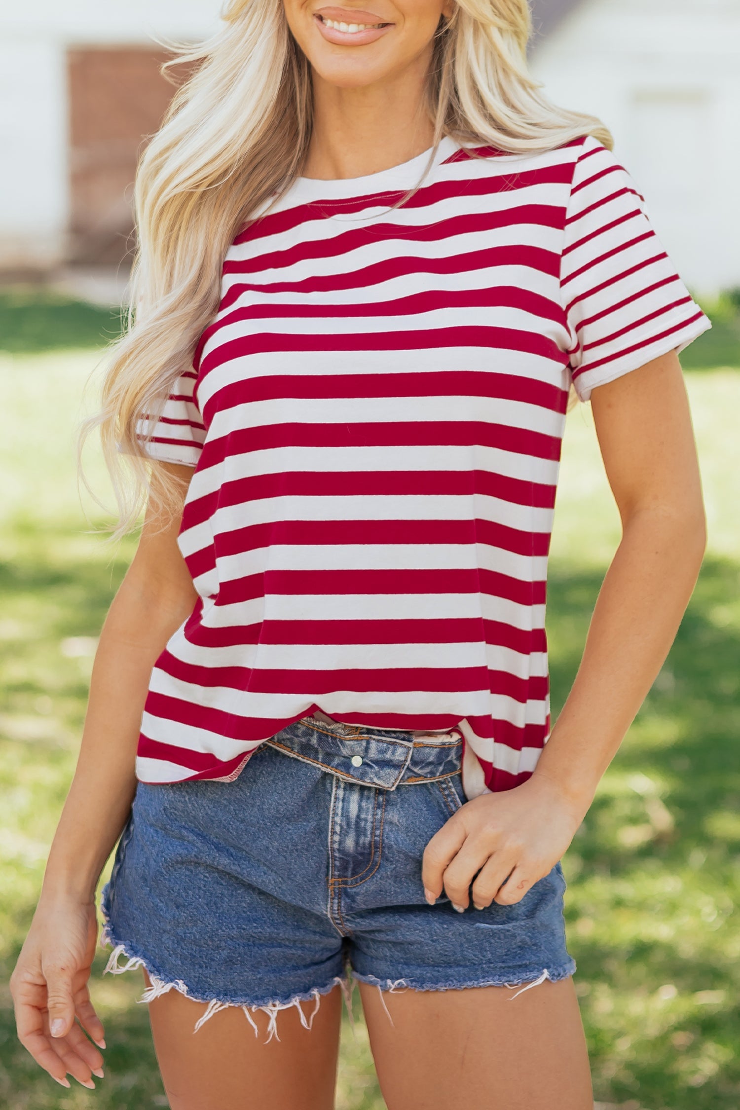 June Stripe Patchwork T Shirt in Red and White Cotton