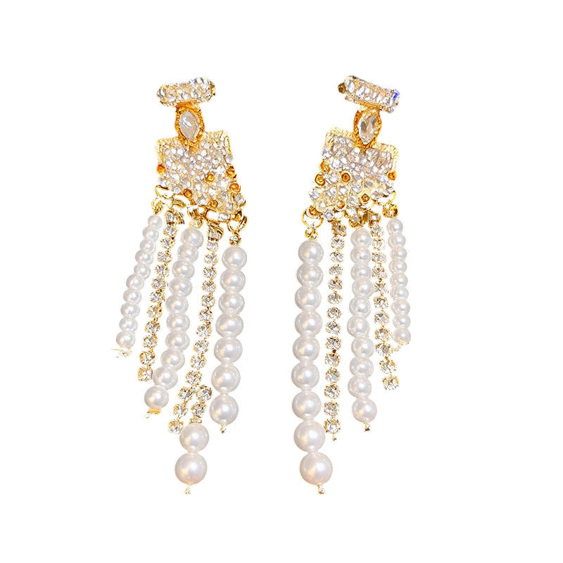 Womens Retro Ethnic Style Rhinestone And Pearl Tassel Stud Earrings,Costume Earrings For Daily Party Wear