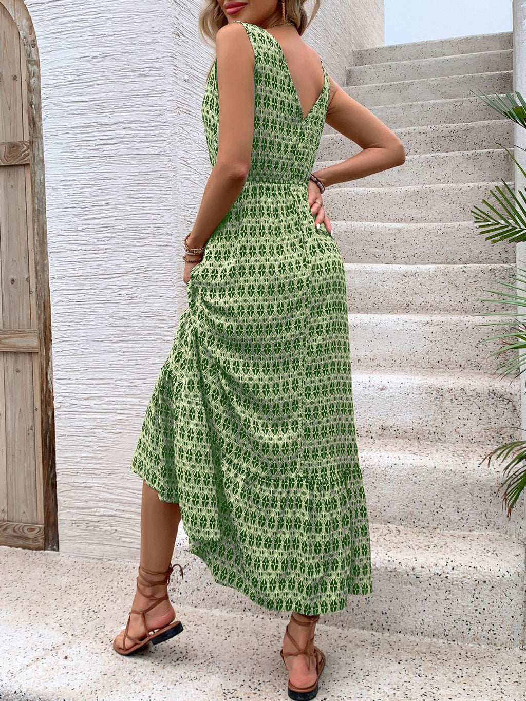Vintage Printed V-Neck Midi Dress with Tie Waist