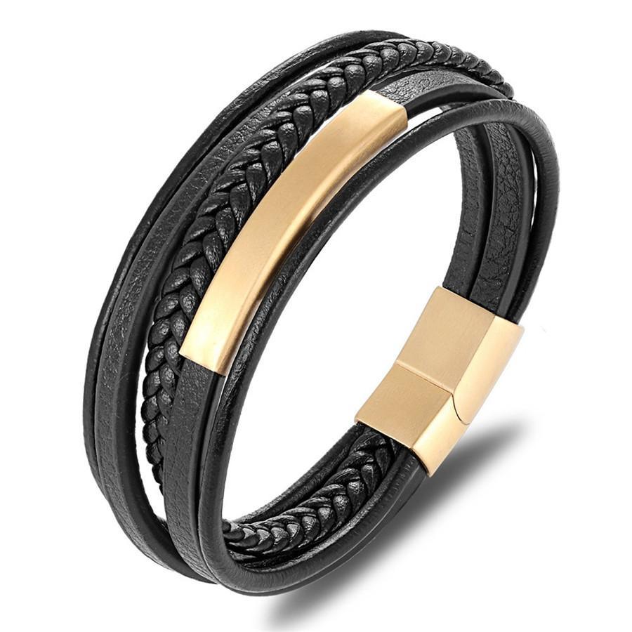 Multilayer genuine leather men's bracelet with magnetic clasp and metallic accents