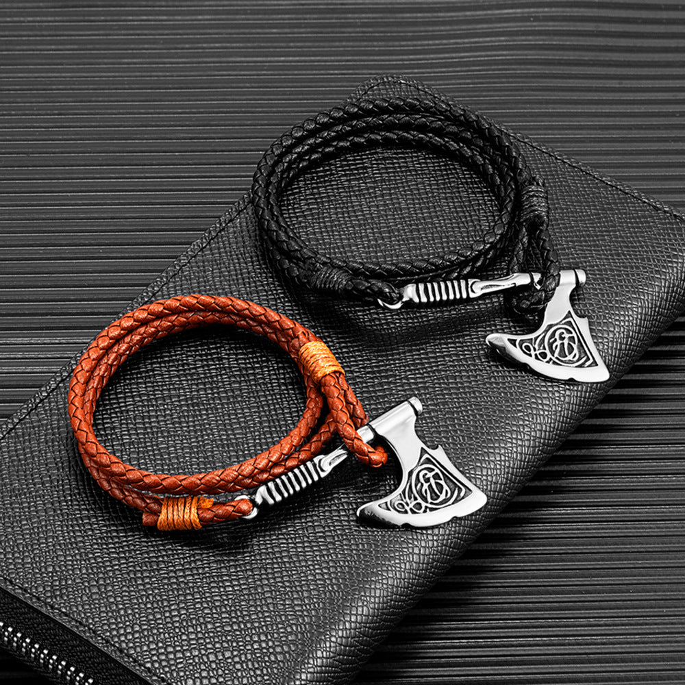 Handmade Leather and Stainless Steel Axe Pendant Rope Bracelet