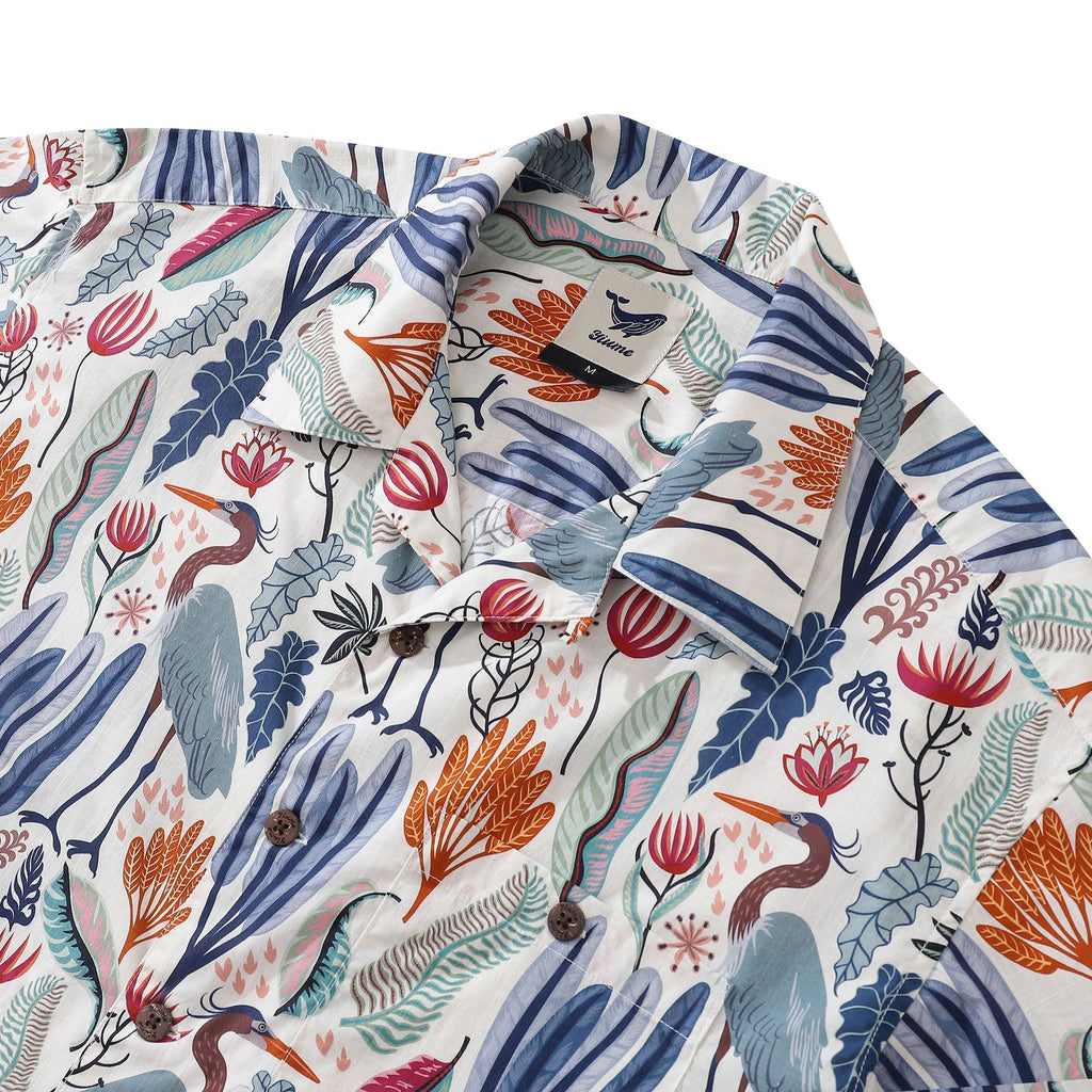 Men's Tropical Heron Print Hawaiian Shirt, 100% Cotton Camp Collar