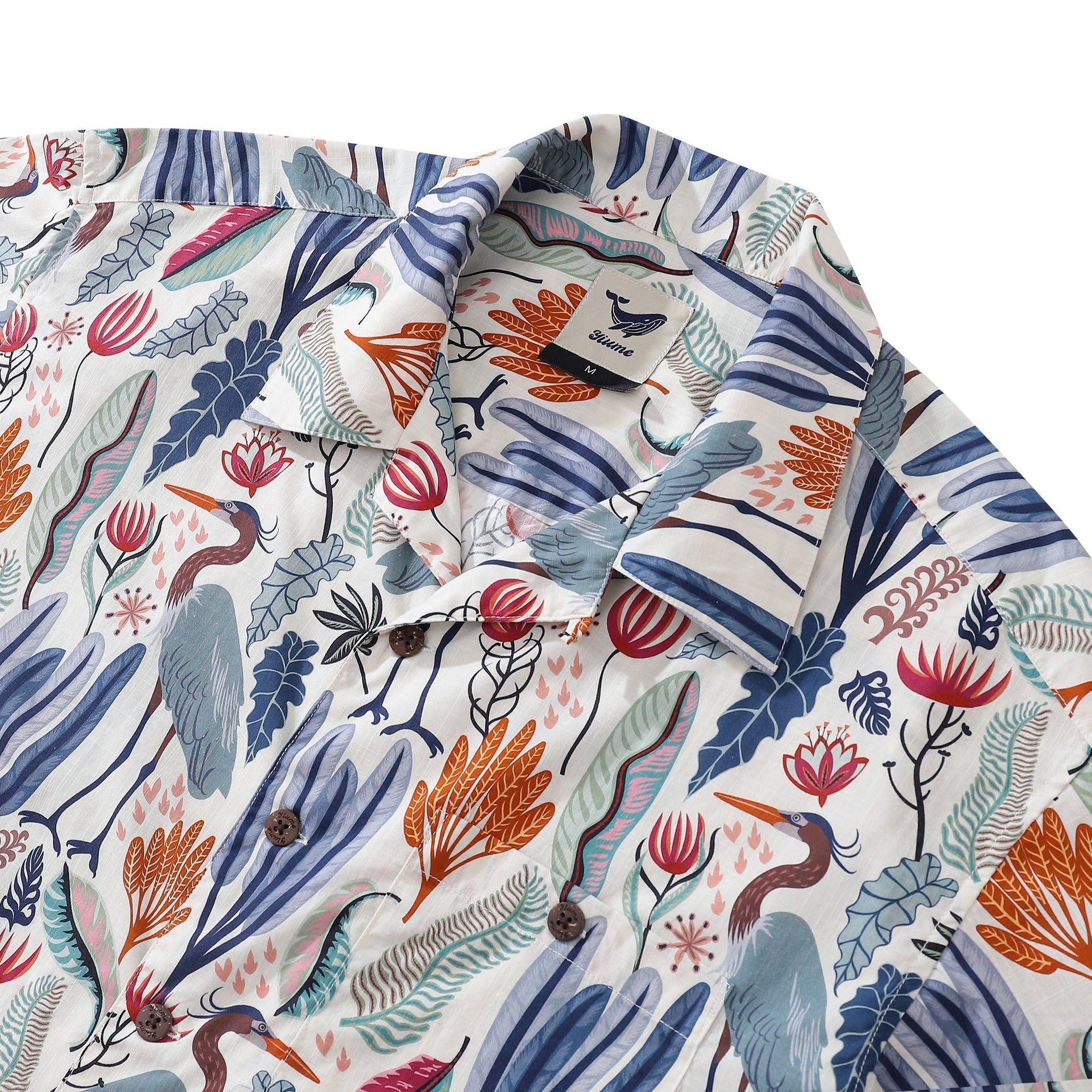 Men's Tropical Heron Print Hawaiian Shirt, 100% Cotton Camp Collar