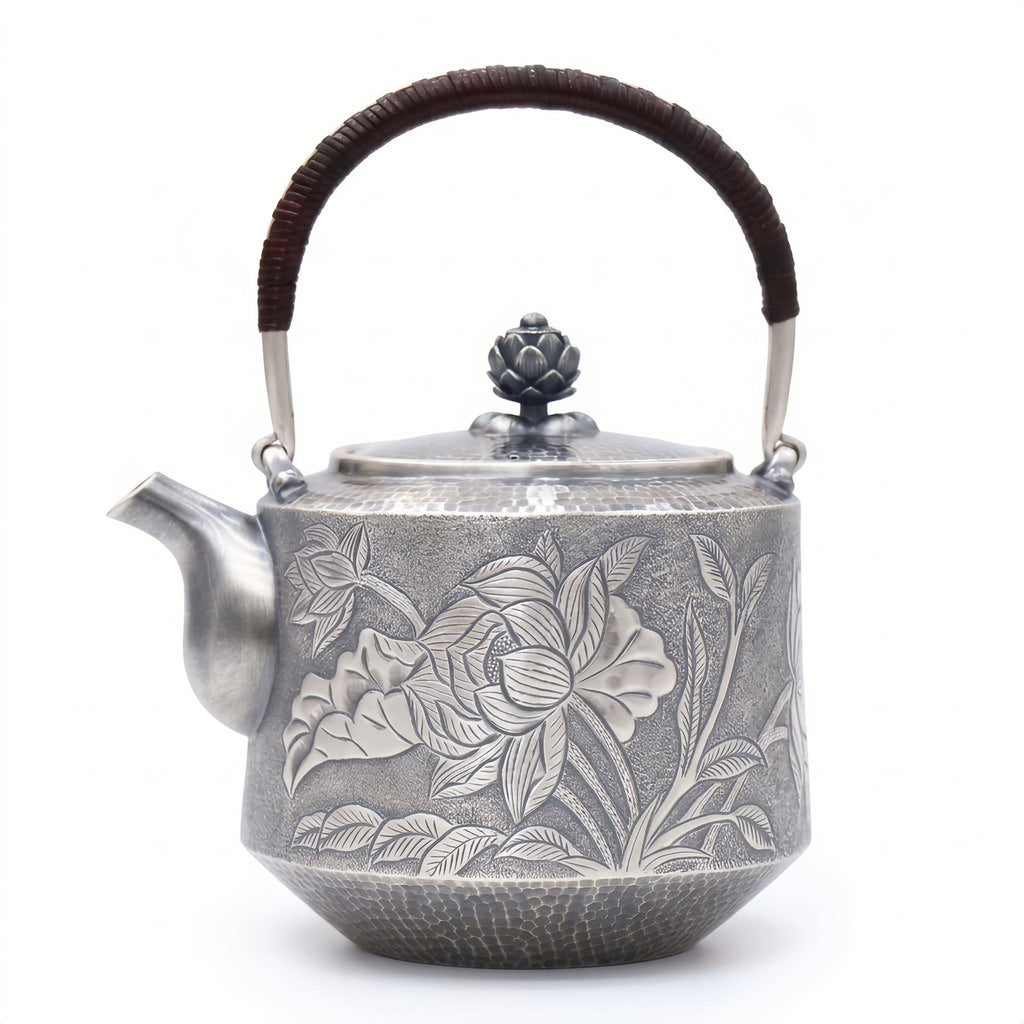 Pure 999 Fine Silver Elegant  Teapot with Handcrafted Floral Engraving, Hammered Texture, and Lotus Lid-Fine Teapot with Handle - Handicraft