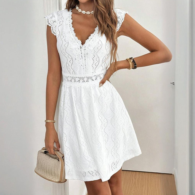 Women’s V‑Neck Short‑Sleeve Lace Trim Mini Dress - Image 9