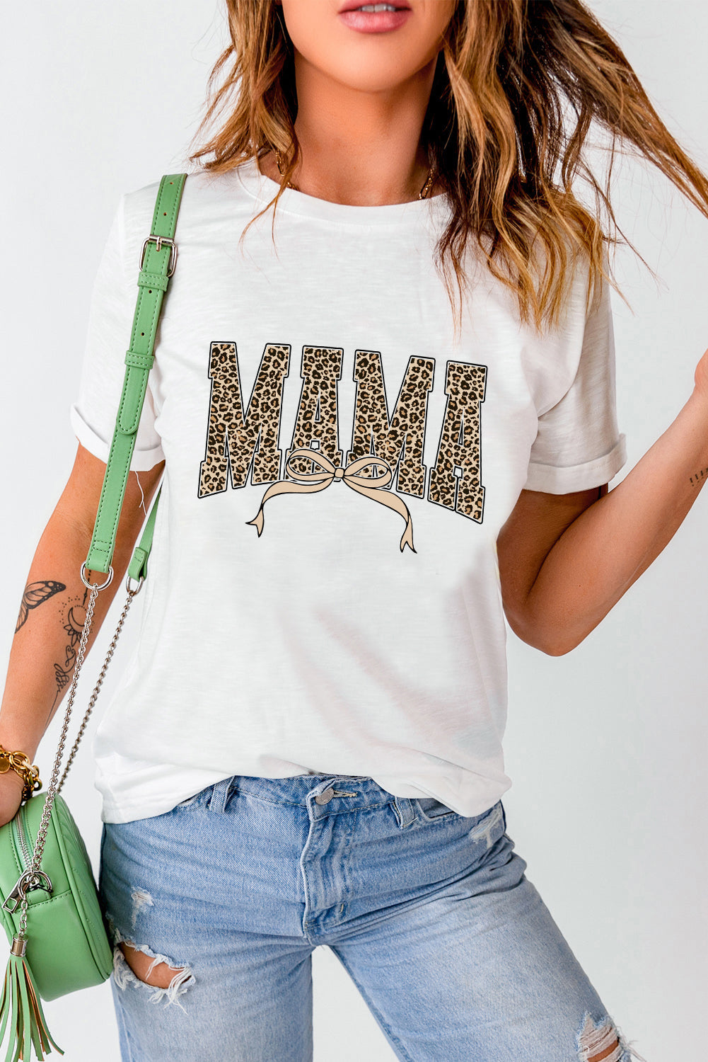 White Leopard Bow MAMA Graphic Crew Neck T Shirt