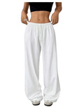RoseSeek Womens Drawstring Waist Straight Wide Leg Sweatpants Casual Loose Baggy Workout Long Pants White X-Small