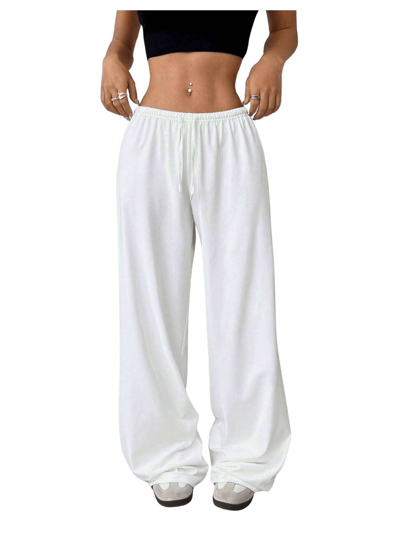 RoseSeek Womens Drawstring Waist Straight Wide Leg Sweatpants Casual Loose Baggy Workout Long Pants White X-Small