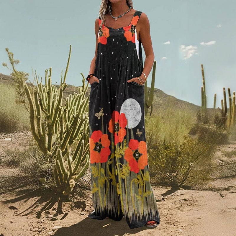Women's Square Neck Floral Print Sleeveless Casual Jumpsuit