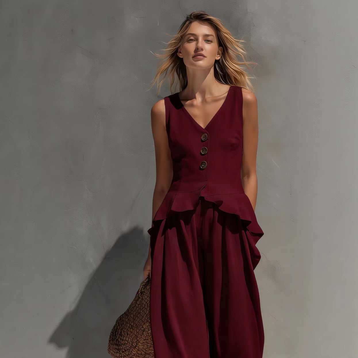 Women's Button-Front Peplum Top and Wide-Leg Pants Two-Piece Set - Image 5