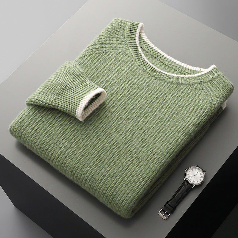 Men's thick wool round neck sweater in black, green, light blue, camel, and medium gray options