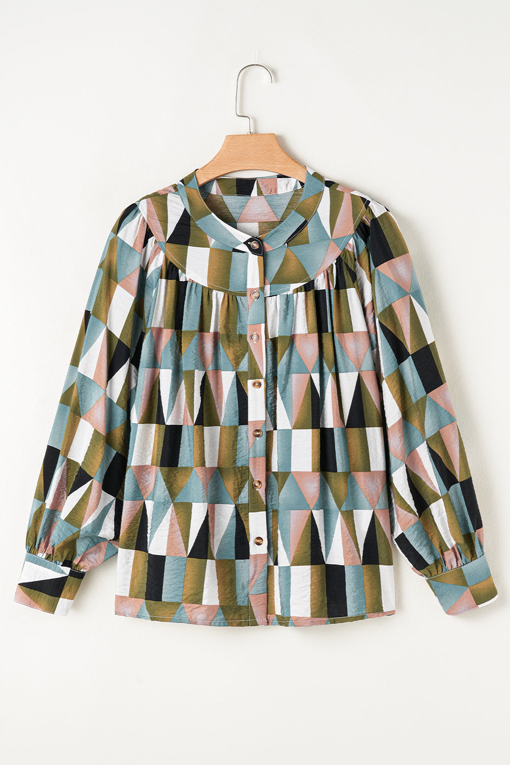 Green Geometric Print Balloon Sleeve Shirt | Loose Fit