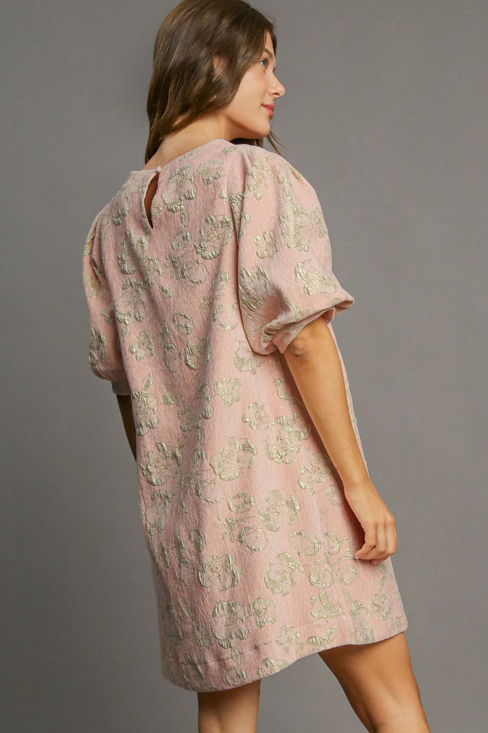 Elegant Floral Jacquard Mini Dress with Puff Sleeves