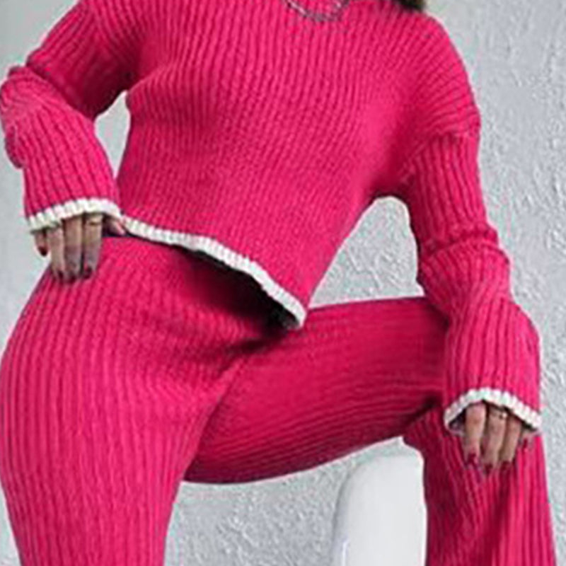 Women's Casual Ribbed Color-Block Two-Piece Crop Top & Pant Set - Image 5
