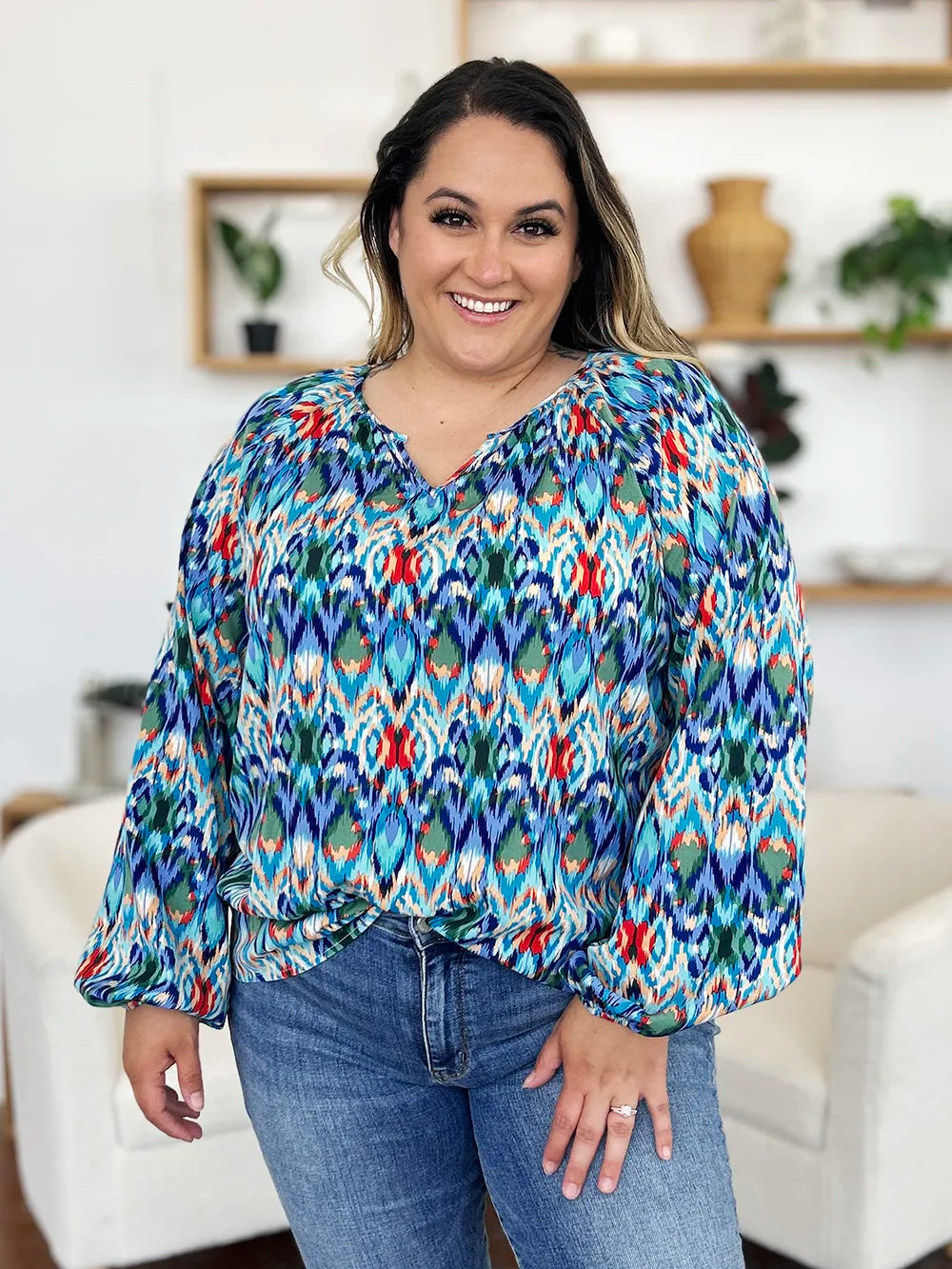 Printed Balloon Sleeve Blouse | Geometric V-Neck Chiffon Top