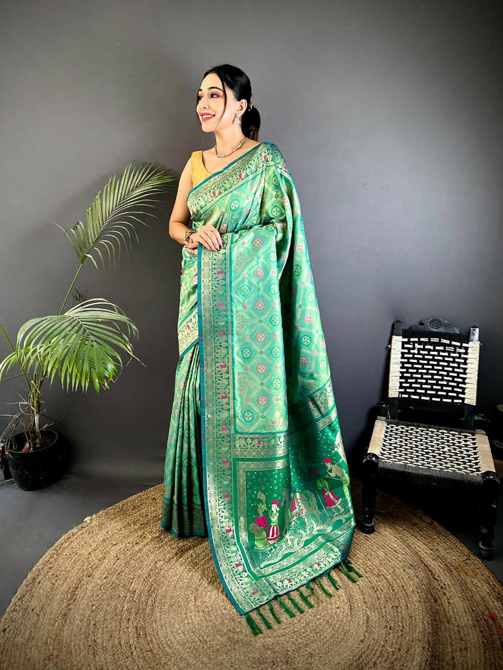 Bottle Green soft silk saree with intricate butti motifs and matching blouse