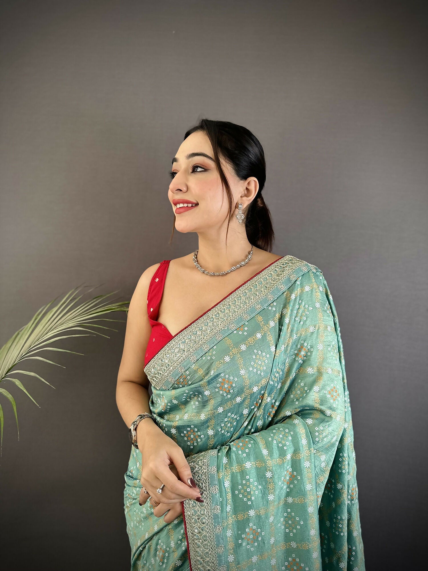 Sea Green Vichitra Silk Bandhani Print Saree with Traditional Motifs