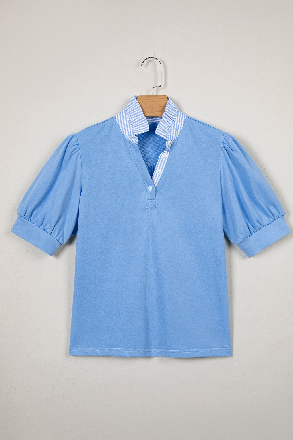 Stripe Frilled Collar Short Sleeve Blouse with Puff Sleeves