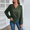 Women's V-Neck Long-Sleeve Knit Sweater in Olive Green