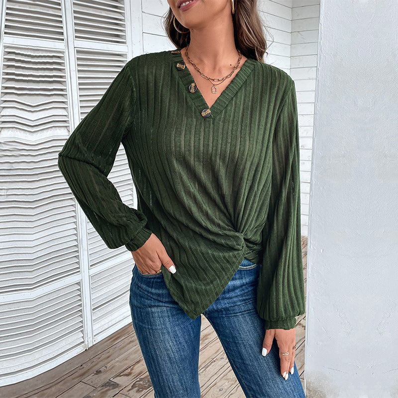 Women's V-Neck Long-Sleeve Knit Sweater in Olive Green