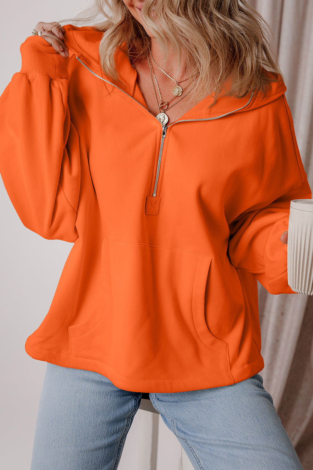 Orange Half Zipper Hoodie with Kangaroo Pockets | Drop Shoulder