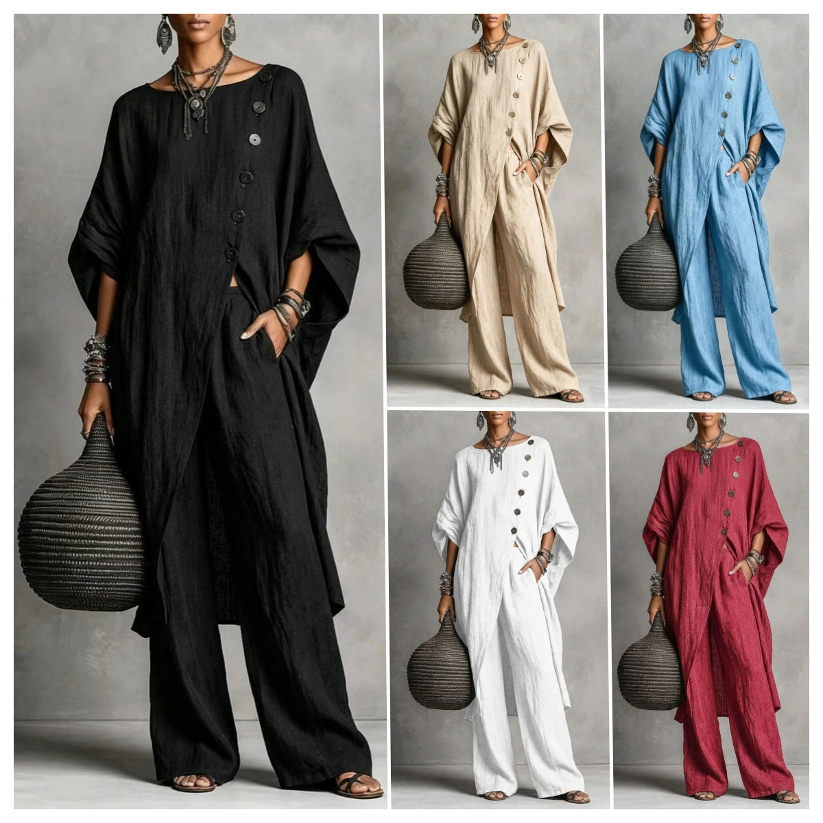 Model wearing a two-piece set with a drop shoulder irregular hem tunic and matching wide leg pants in black, beige, blue, white, and red.