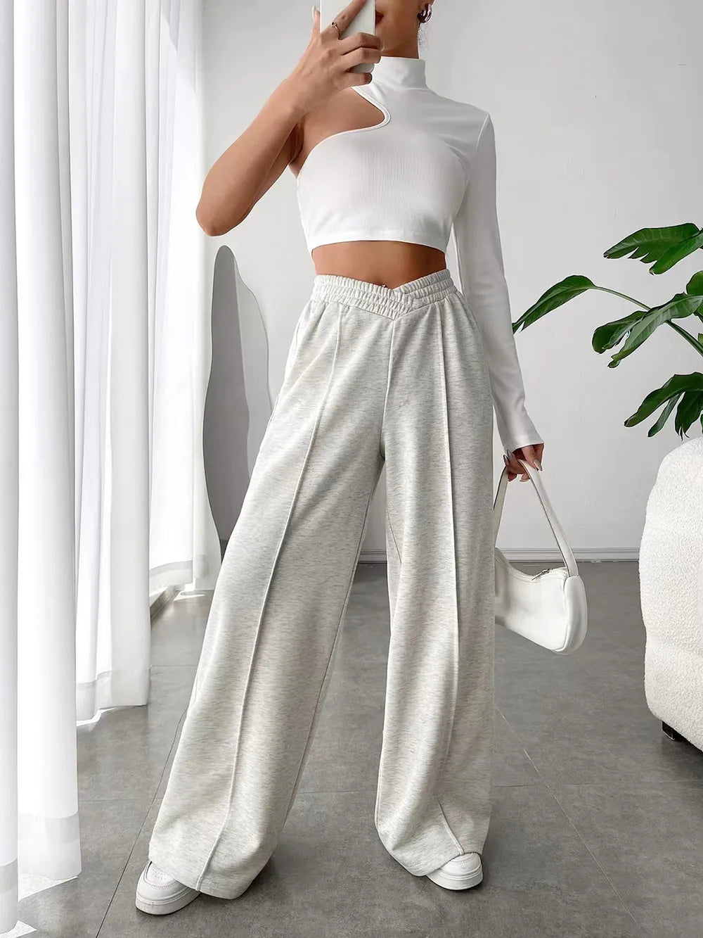 Elastic Waist Wide Leg Pants | Grey Knit Relaxed Fit