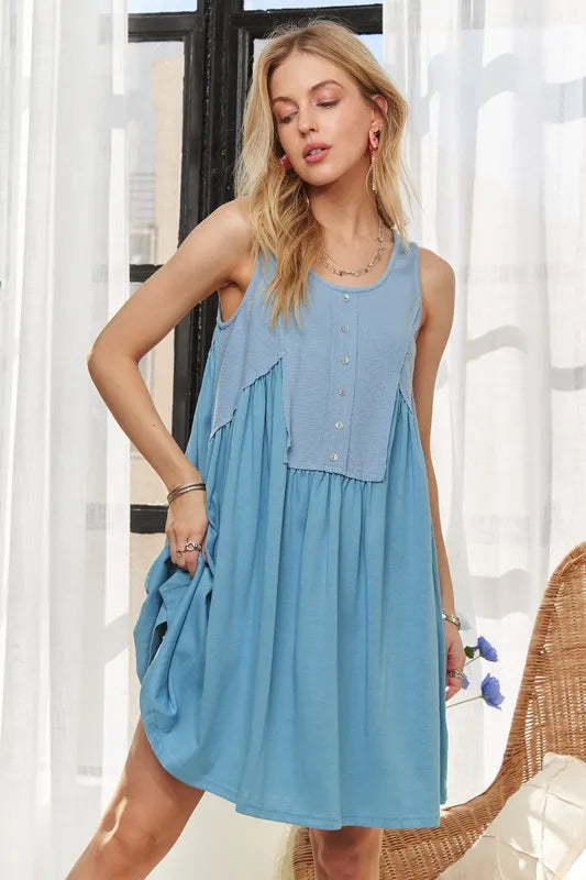 Blue Sleeveless Babydoll Dress with Decorative Buttons