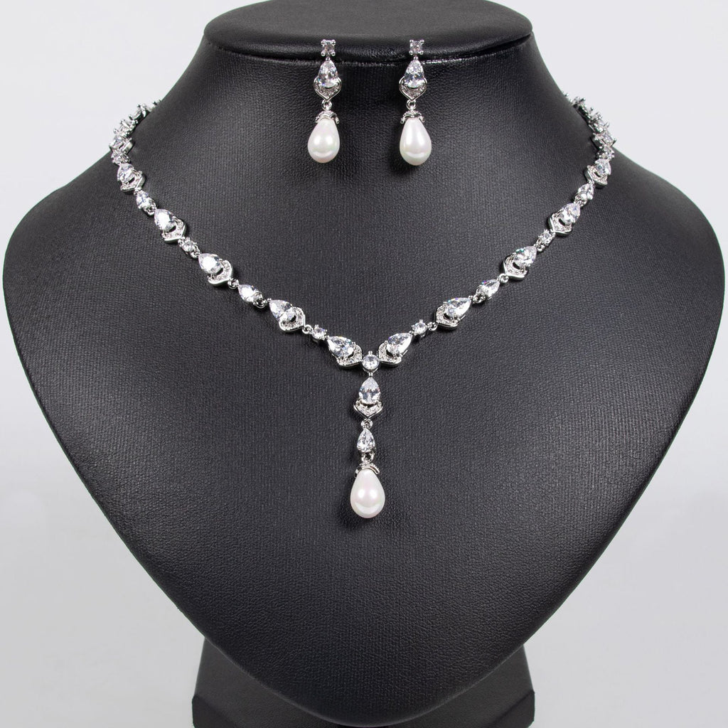 European And American Simple Bridal Jewelry Suit Clavicle Chain Hollow Water Drop Pearl Pendant Necklace Copper Zircon Earrings Accessories