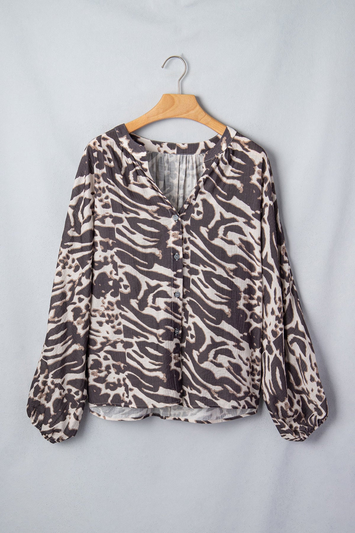 Leopard Buttoned V-Neck Long Sleeve Shirt