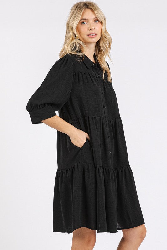 Button Detail Collared Tiered Shirt Dress for Women