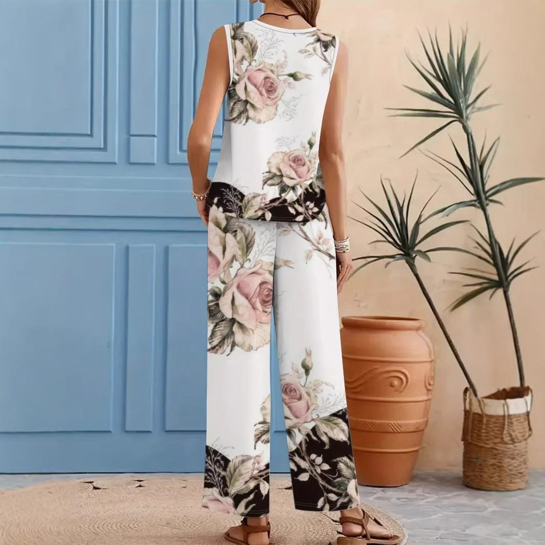 Floral 3D Print Sleeveless Tank Top & Wide-Leg Trousers Set