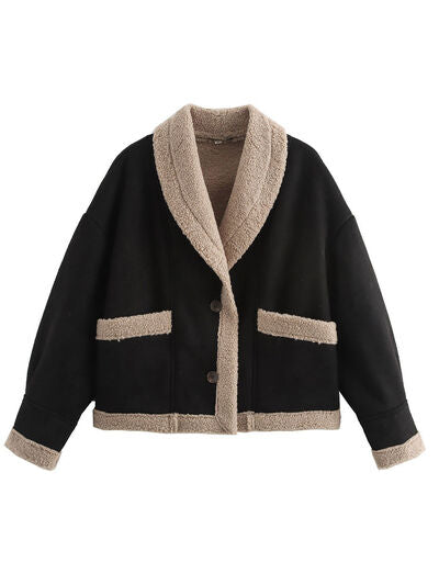 Women’s Fuzzy Collared Long Sleeve Jacket with Button Closure