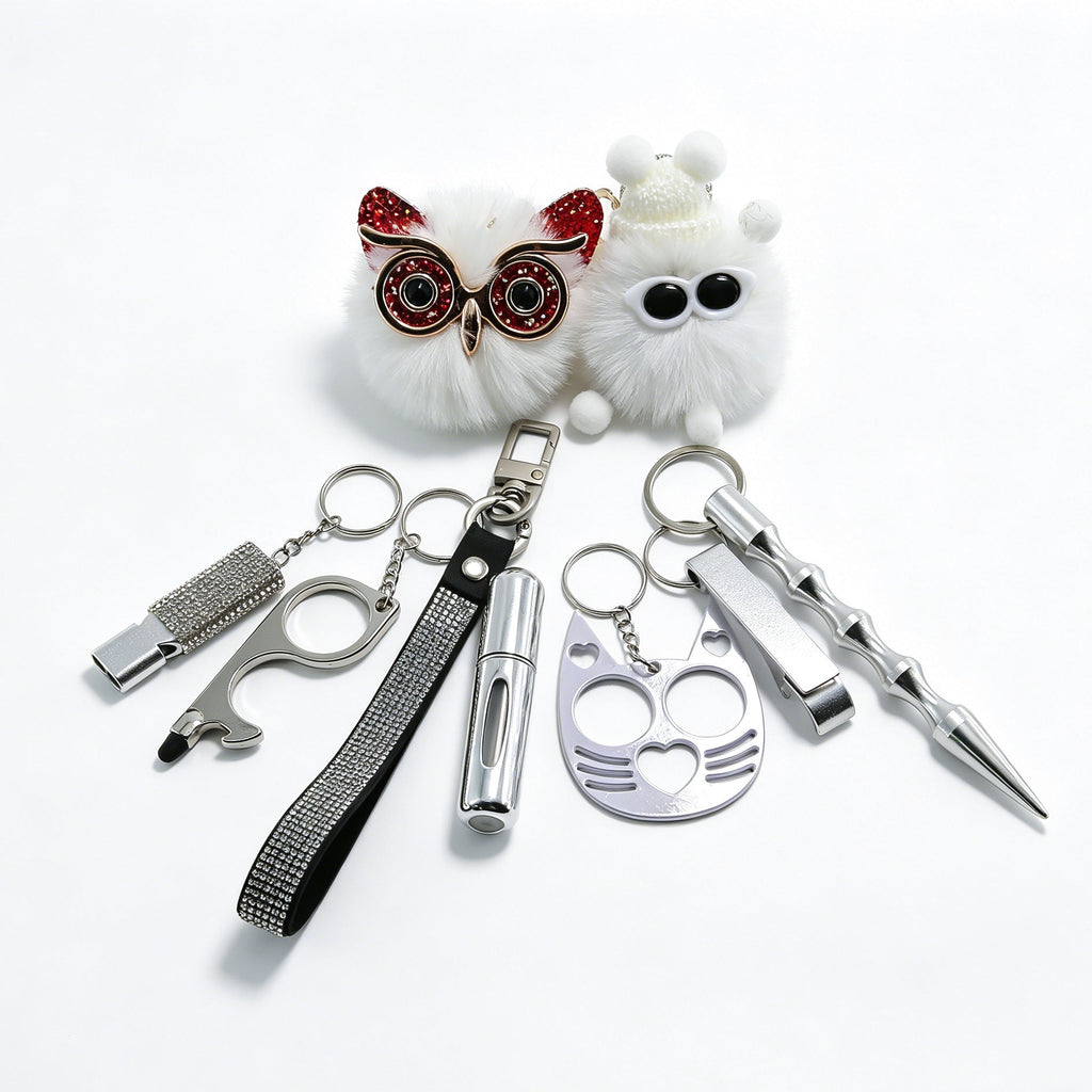 Ins Little Coal Ball Self-Defense Keychain Set with Faux-Fur Pom