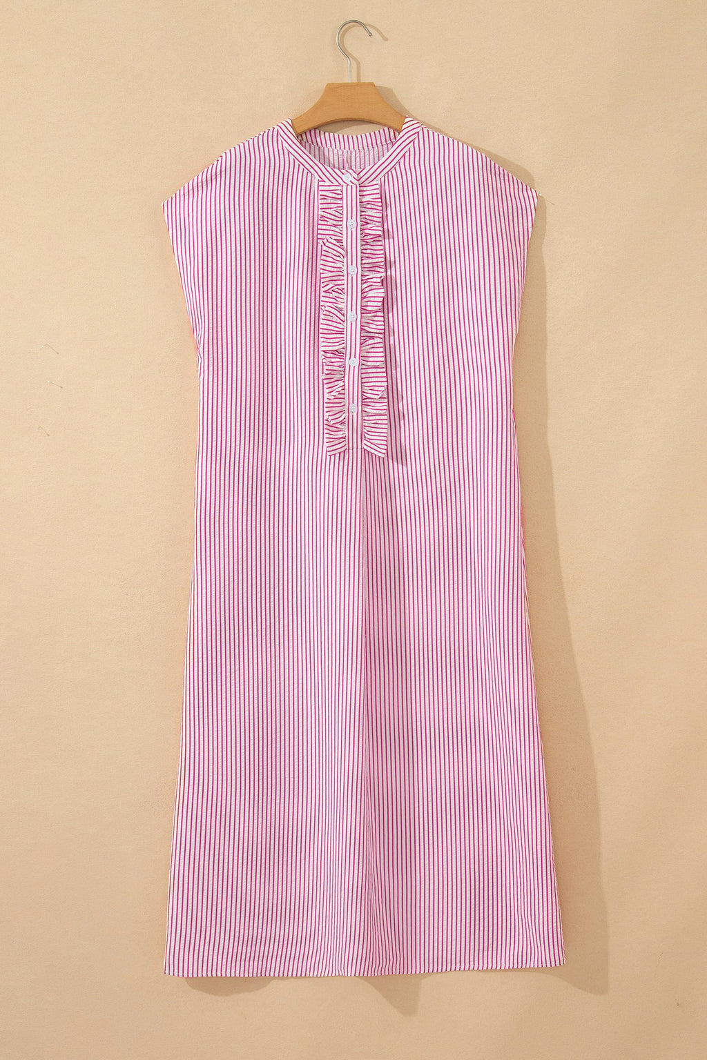 Striped Short Sleeve Long Dress with Half Button Front