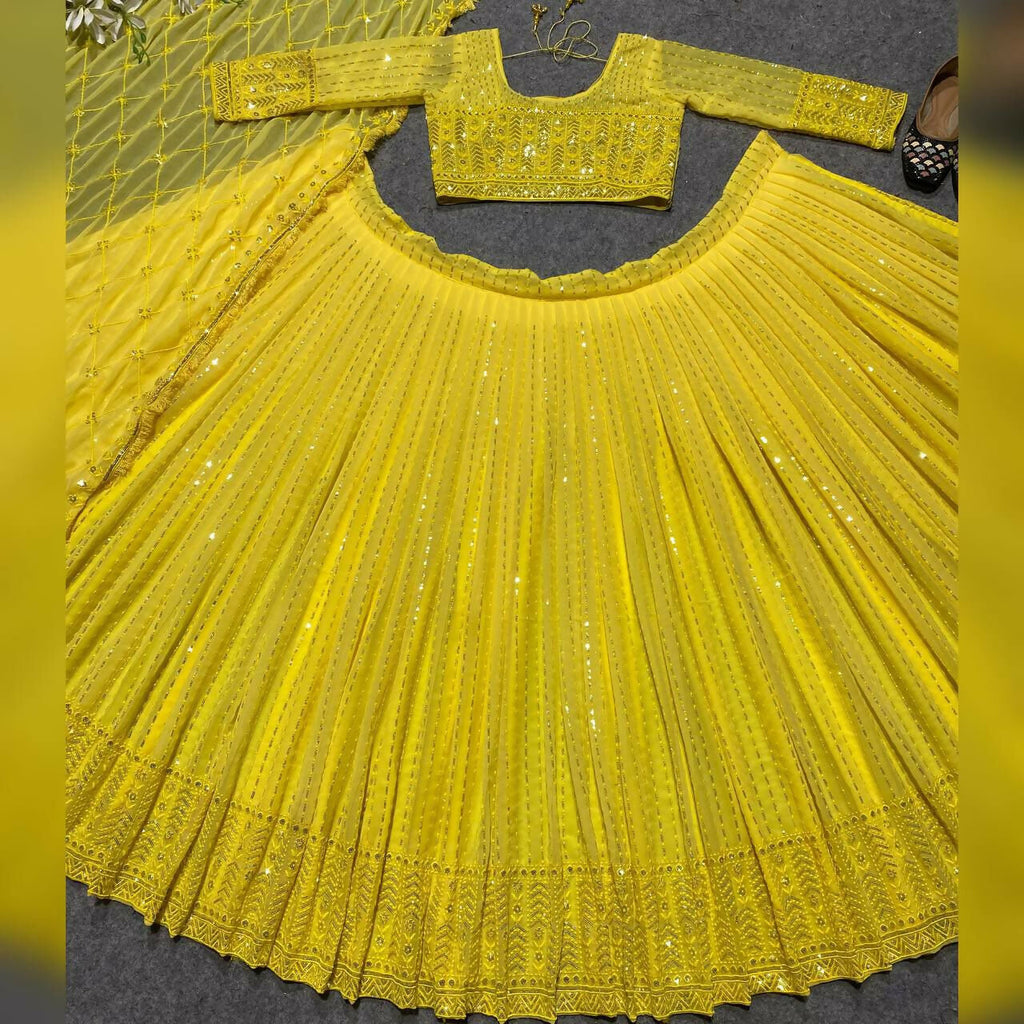 Yellow Faux Georgette 3MM Sequins Embroidered Lehenga Choli Set