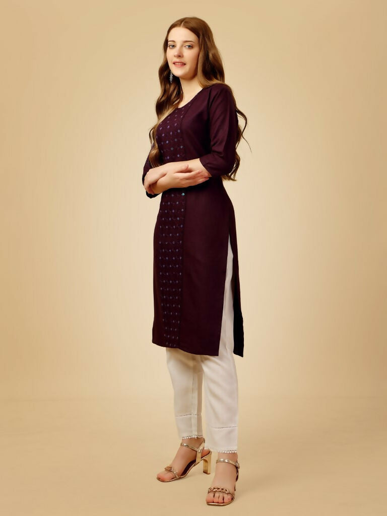 Women's Wine Cotton Blend Embroidered Kurta and Pant Set