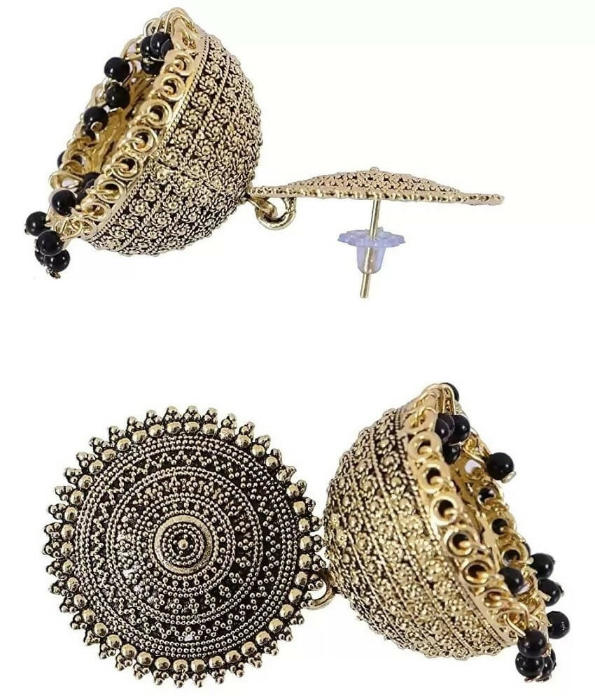 Gold-Polished Meenakari Jhumka Earrings with Pearls (Black)